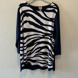 Easywear by Chicos Navy & White Zebra Stripe 3/4 Sleeve Tunic Top Sz 3